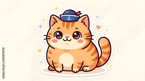 Cute Cartoon Orange Tabby Cat Wearing a Sailor Hat.