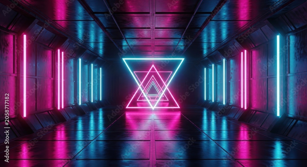 Fototapeta premium Futuristic Sci-Fi Corridor with Glowing Pink and Blue Neon Lights and Abstract Geometric Triangles