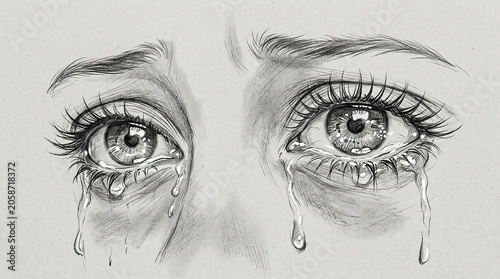 Closeup drawing of a pair of human eyes crying with tears streaming down.