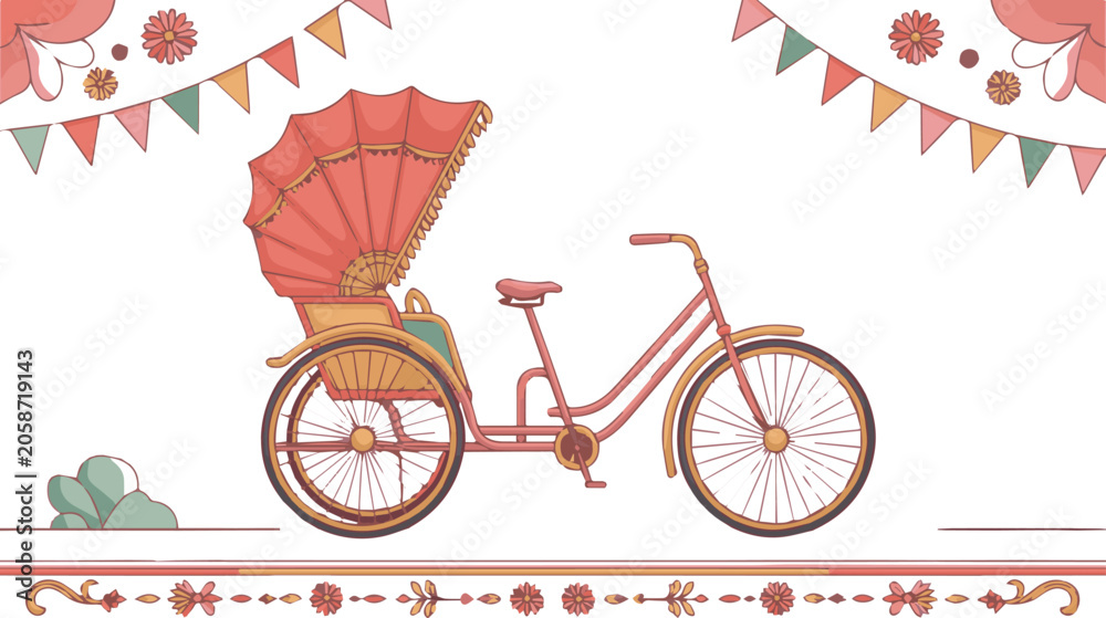 Fototapeta premium Colorful tricycle with red canopy and decorations side view
