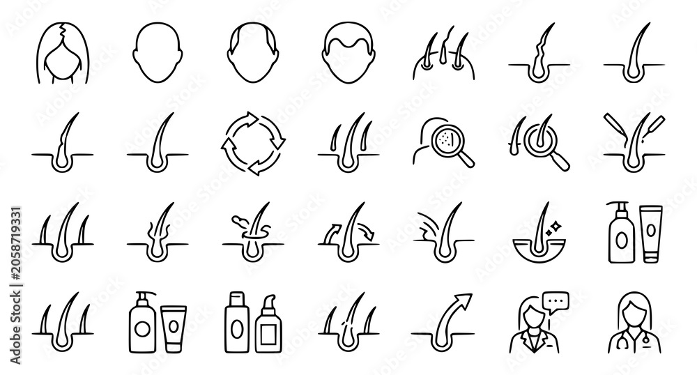 Obraz premium Hair Transplant Procedure and Scalp Treatment Line Icon Collection Set