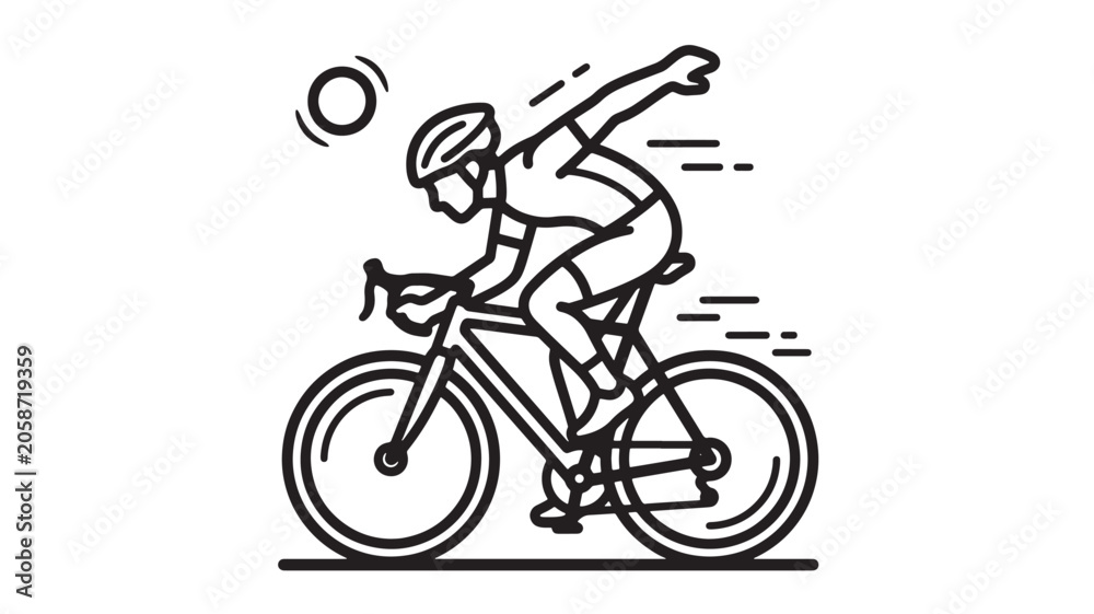 Fototapeta premium Bicyclist Icon in Black Line Art Showing Dynamic Motion and a Cycling Posture for Sports and Adventure Design