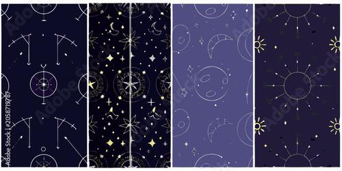 Schilderij op canvas Astrological Patterns With Celestial Symbols Dark Blue Vector Illustration