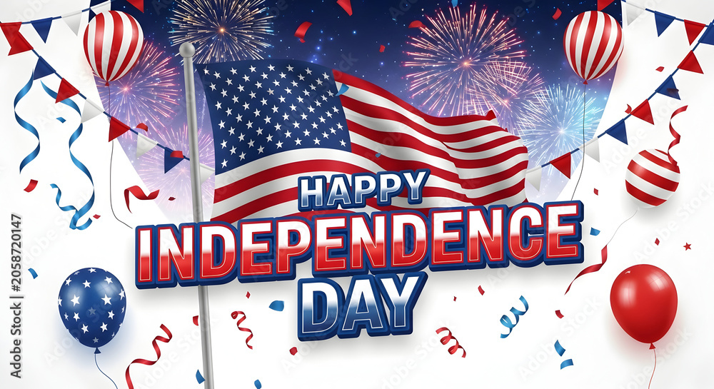 Obraz premium Happy independence day festive design with american flag, balloons, party streamers and firework background