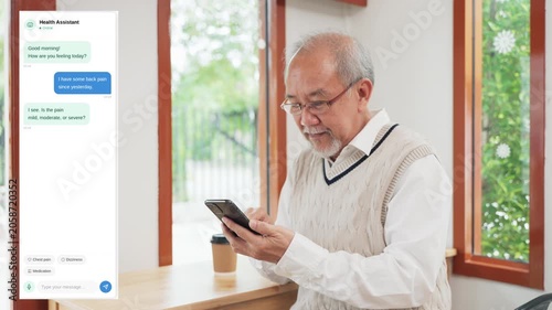 Smiling senior Asian man using a smartphone to consult an AI health assistant chatbot about back pain, showcasing modern digital healthcare, telemedicine technology, and elderly wellness at home