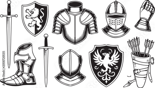 medieval armor and weapons set including swords and shields