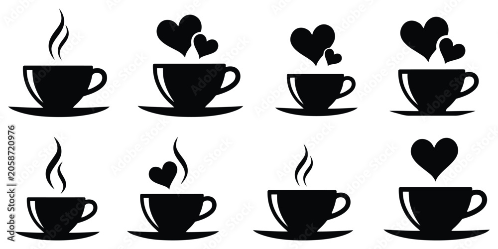 Fototapeta premium Coffee cup icon set featuring black hot drink silhouettes with steam lines and love hearts for Cafe menu design