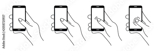 Hand holding smartphone icon set showing line art touch screen gestures tapping scrolling dragging and clicking on mobile display