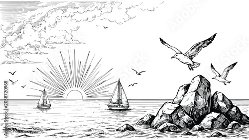Vintage engraved ocean landscape illustration featuring sailboats on calm sea water at sunset with flying seagulls around rocky coast