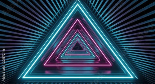 Futuristic Neon Triangle Tunnel with Cyan and Pink Glowing Lights Abstract Sci-Fi Background