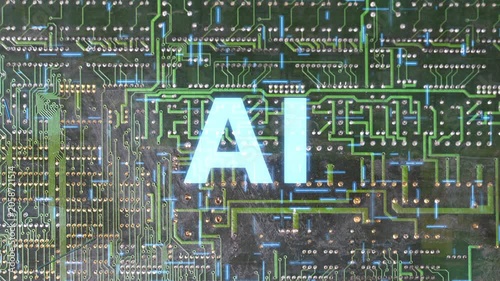AI with Old system on a complex green circuit board background, representing artificial intelligence, machine learning, deep learning, cyber tech, hardware computing, and data processing