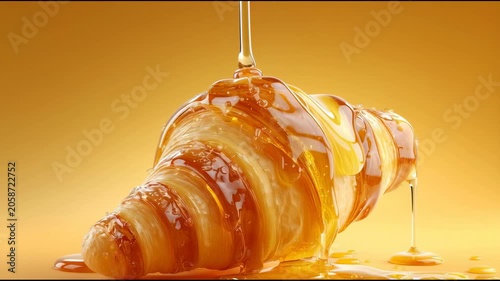 Golden croissant generously drizzled with flowing honey on a warm yellow background
