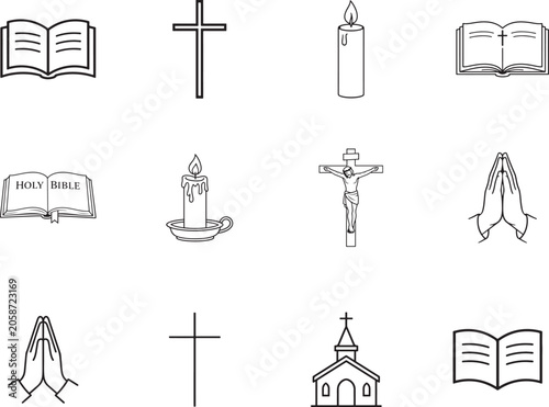 Obraz na plátně Christian religious icon set with church, cross, bible, candle and prayer symbols in vector style