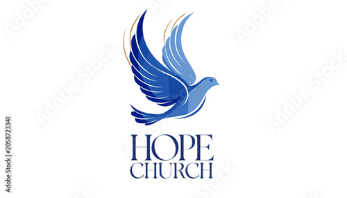 Cuadro en lienzo A beautiful blue dove with outstretched wings, symbolizing peace and hope, above the text 'HOPE CHURCH'
