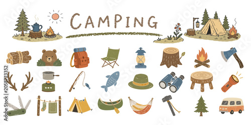 Valokuva キャンプ用品とアウトドアアイコンのイラストセット／Camping、Outdoor icons、Camp gear