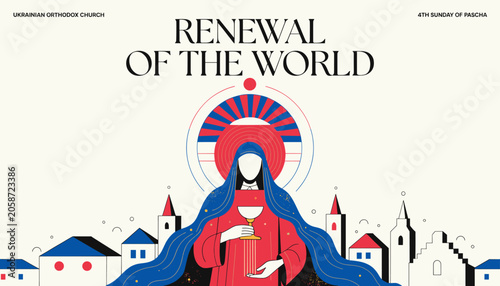 Renewal of the World: A graphic depiction of a religious figure holding a chalice, set against a backdrop of stylized buildings and a radiating sun.
