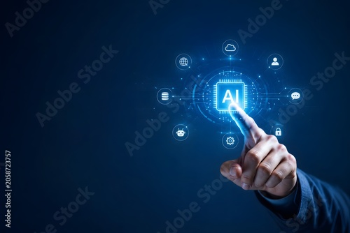 Hand pressing virtual artificial intelligence AI microchip icon on futuristic interface