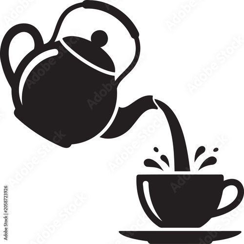 Teapot pouring into teacup silhouette on a white background beverage service