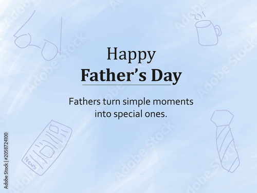 Light blue background featuring faint line art of men's accessories and Happy Father's Day typography