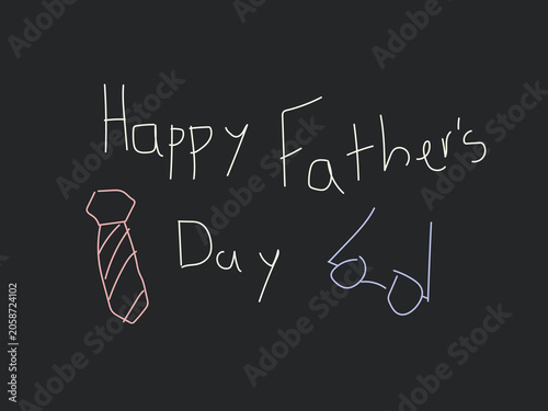 Childlike chalk drawing on a dark slate board with a tie graphic and Happy Father's Day Dad text