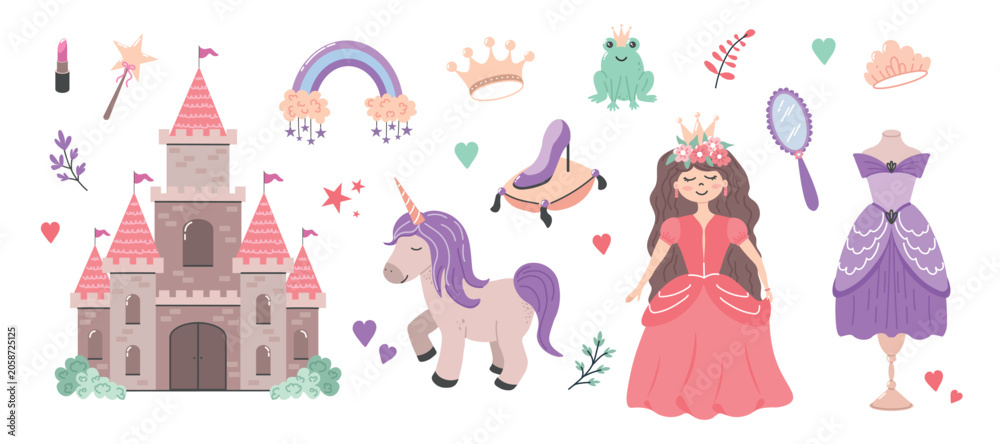 Fototapeta premium Princess Fantasy Collection Featuring Castle Rainbow Unicorn and Royal Accessories