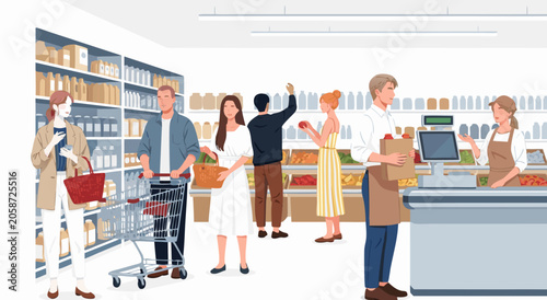 Quadro su tela People Shopping in a Grocery Supermarket Vector Illustration Featuring Customers
