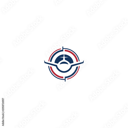 Airplane in crosshairs logo aviation target flight focus blue and red design.