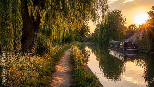 Ancient canal towpath lined with wildflowers and willows under golden hour light.