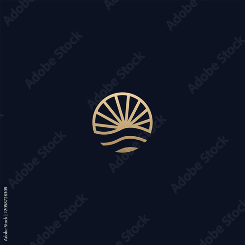 Elegant golden logo of sun and ocean waves on dark background.