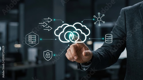 Obraz na plátně Businessman touching glowing cloud icons to manage secure enterprise network inf