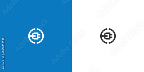 Bild auf Leinwand Minimalist electric plug icon on blue and white background.
