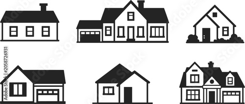 Fotografie House icons set featuring modern suburban homes cottages villas and garages simple black silhouette vector symbols for real estate property architecture design concepts