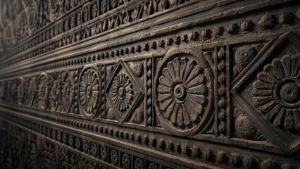 Assyrian bas-relief with symmetrical rosettes and geometric patterns on dark plaster.