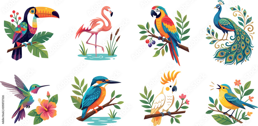 Obraz premium Exotic Tropical Birds Icon Set Featuring Colorful Toucan Flamingo Parrot Peacock Hummingbird Kingfisher Cockatoo and SongbirdExotic Tropical Birds Icon Set Featuring Colorful Toucan Flamingo Parrot Pe