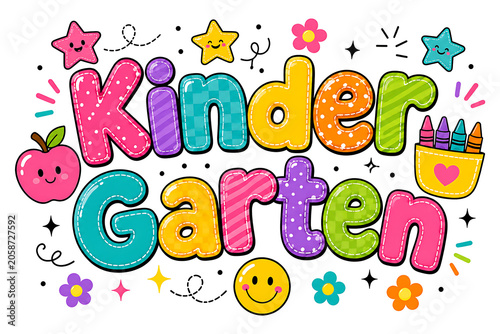 Kindergarten Bubble Typography Clipart With Colorful Letters, Apple, Crayons, Stars And Smile
