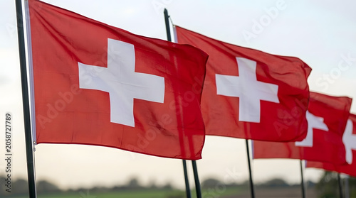 Multiple swiss flags waving in the wind against a blurred landscape