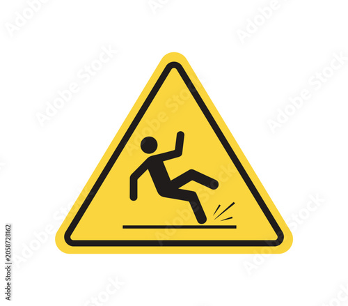 Caution: Slipping Hazard. A triangular warning sign depicting a person falling on a wet surface. danger alert, warning symbol, wet floor, accident prevention, safety notice.