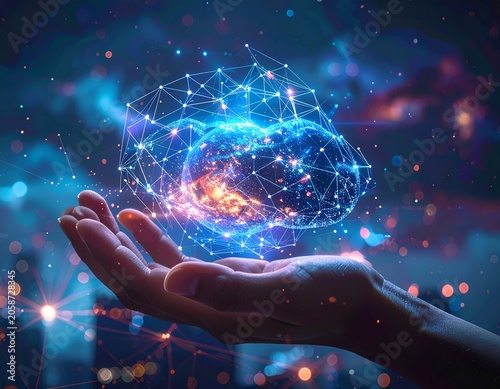 Artificial intelligence concept - Hand holding a digital brain.