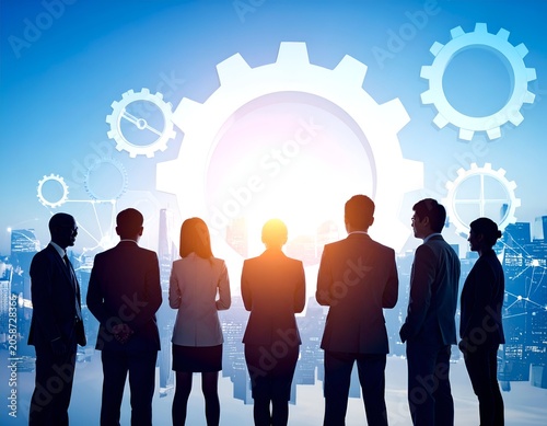 Teamwork and innovation - Business professionals facing gears and city.