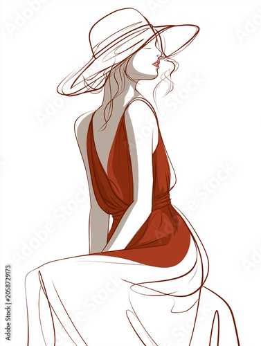Minimalist Line Art Illustration of a Woman Wearing a Wide-Brim Hat and Red Dress