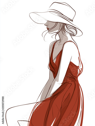 Minimalist Line Art Illustration of a Woman Wearing a Wide-Brim Hat and Red Dress