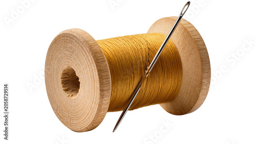 Принти на полотні Wooden spool of golden thread with sewing needle