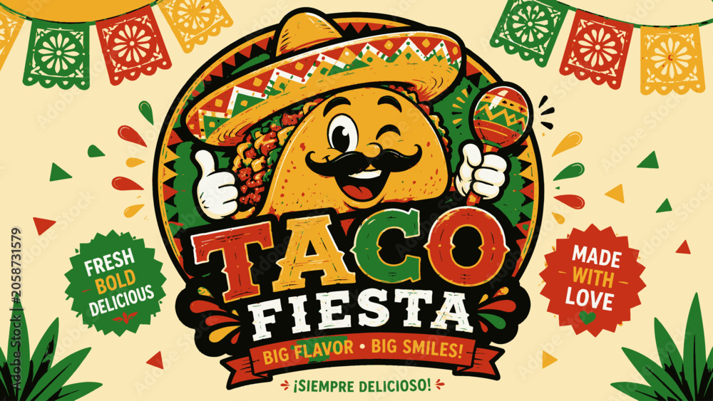 Obraz premium Vintage taco fiesta logo design with cute cartoon taco character wearing sombrero and holding maraca