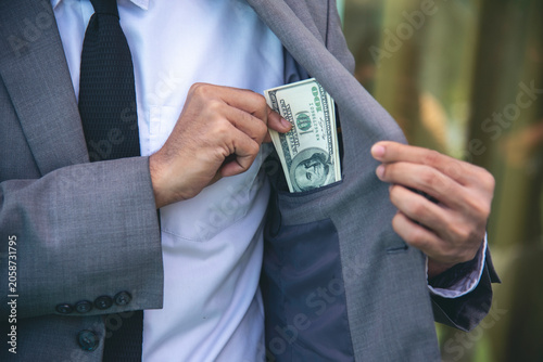 Foto Man banknote Saving account Hand holding spread money dollar bank note in wallet give financial payment