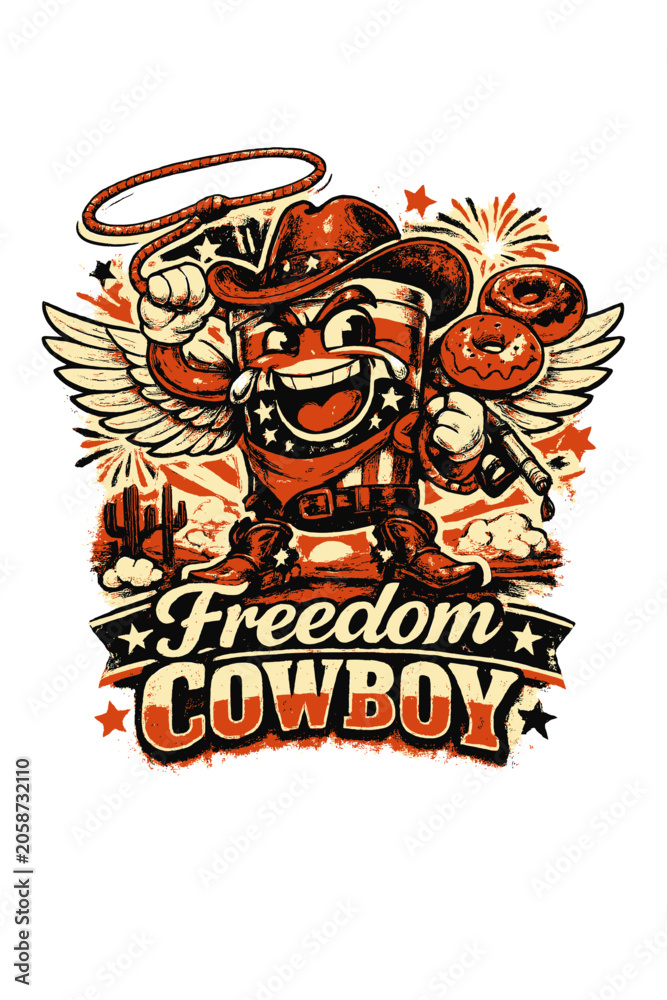 Fototapeta premium Cartoon american cowboy coffee cup character with lasso, wings, donuts, and fireworks, patriotic western graphic design