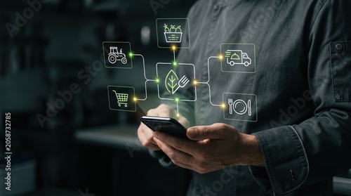 Chef using smartphone to manage sustainable food supply chain from farm to restaurant table using glowing digital interface, smart agriculture, food logistics, farm modern technology business concept