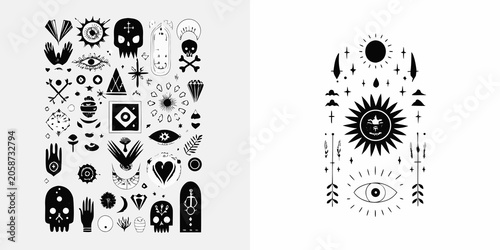 Valokuva Occult Symbols And Mystical Motifs Black Vector Illustration On White Background