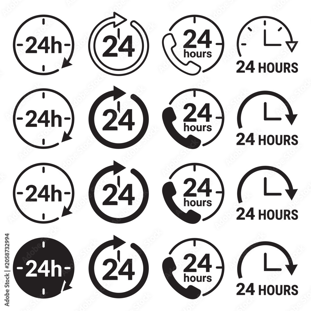 Fototapeta premium Set of 24 hours service icons and time clock symbols for business and support vector design.
