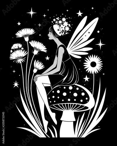 Black and white fairy mushroom illustration