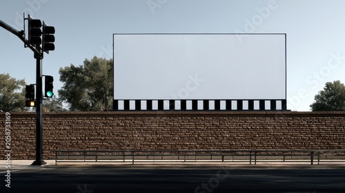 Blank billboard mockup on brick wall with traffic light